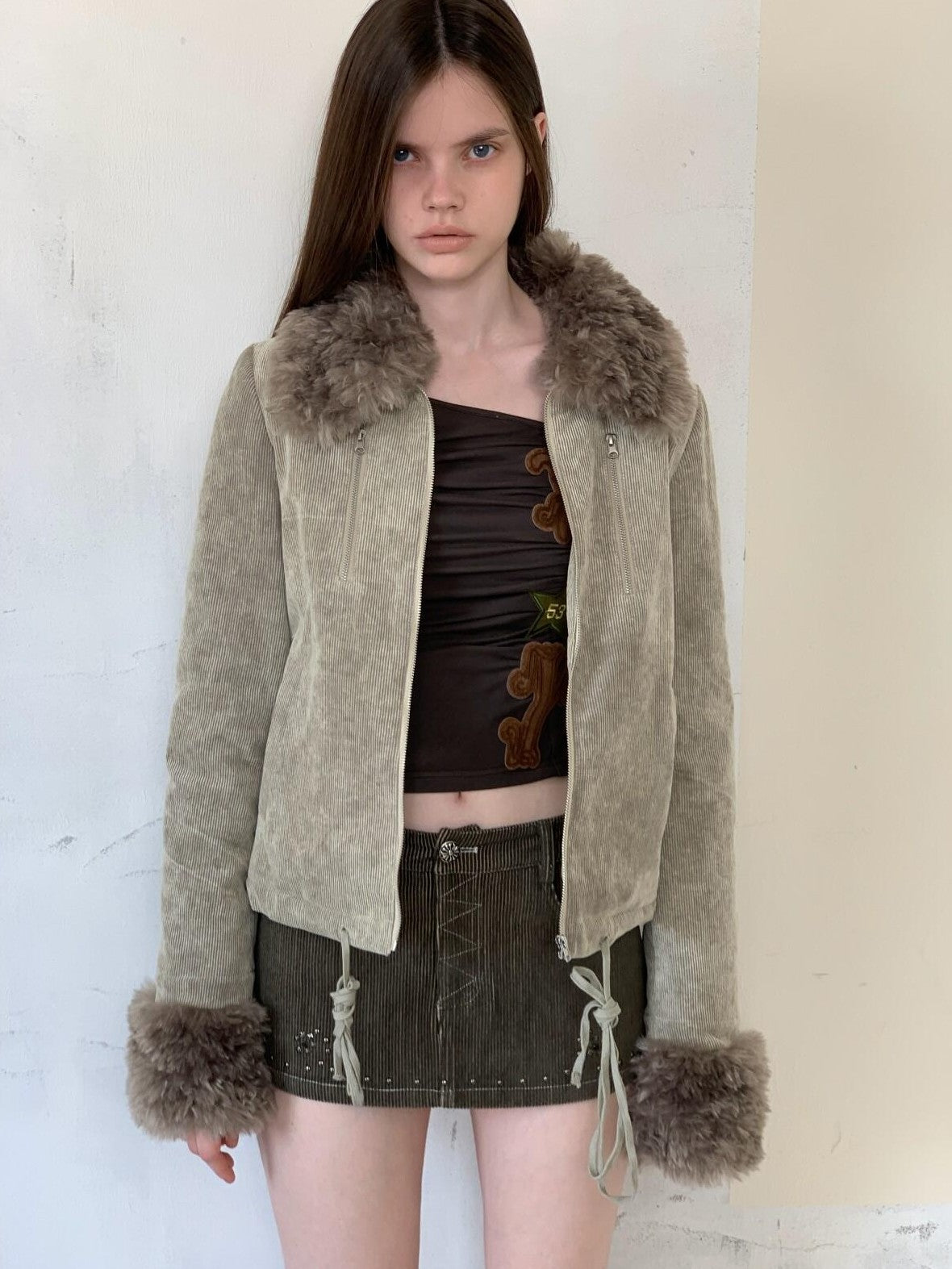 UNIVERSE Washed Corduroy Spliced Shearling Collar Hippie Women's Cotton Casual Jackets