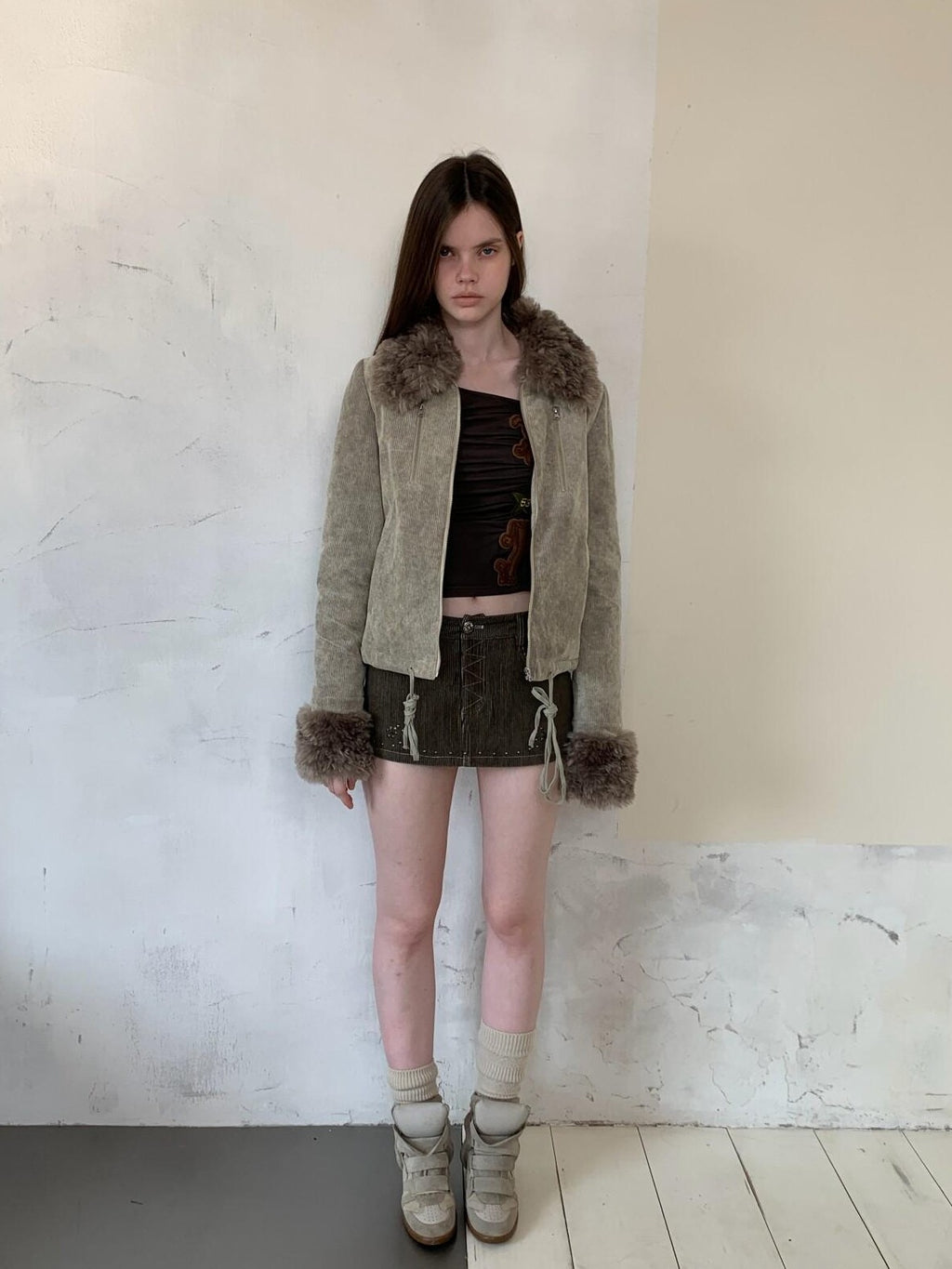 UNIVERSE Washed Corduroy Spliced Shearling Collar Hippie Women's Cotton Casual Jackets