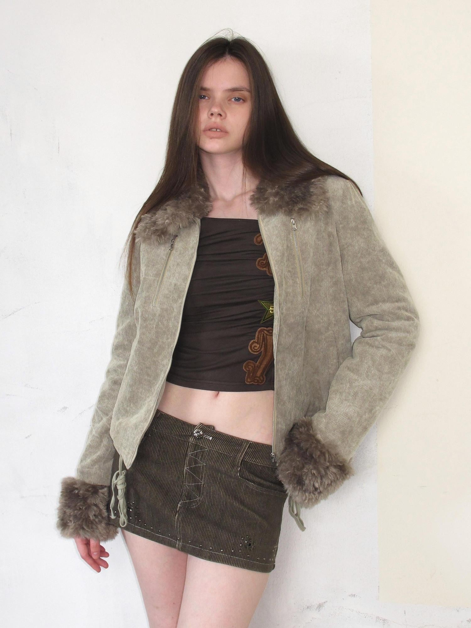 UNIVERSE Washed Corduroy Spliced Shearling Collar Hippie Women's Cotton Casual Jackets