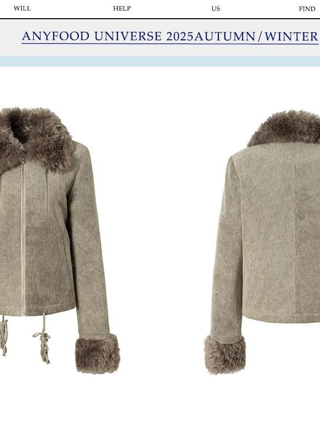 UNIVERSE Washed Corduroy Spliced Shearling Collar Hippie Women's Cotton Casual Jackets