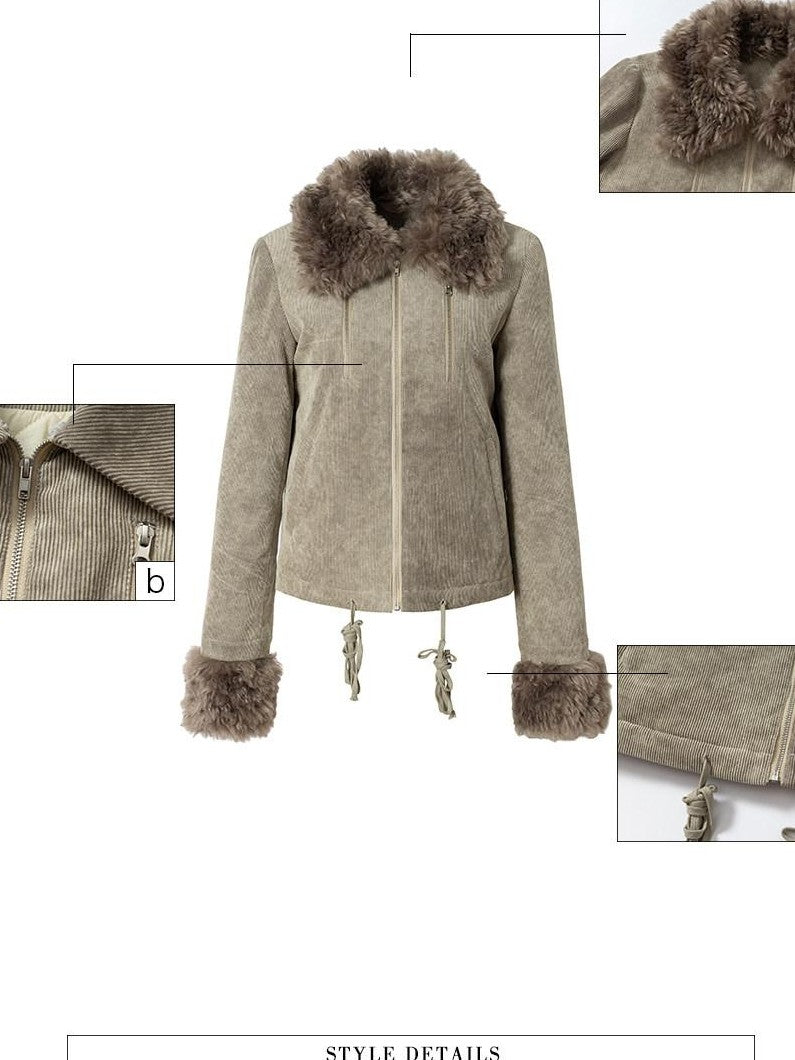 UNIVERSE Washed Corduroy Spliced Shearling Collar Hippie Women's Cotton Casual Jackets