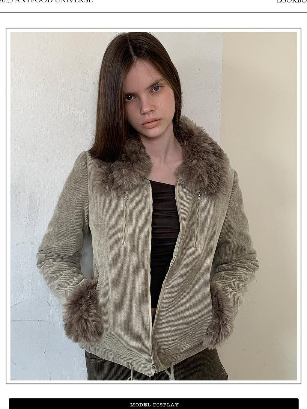 UNIVERSE Washed Corduroy Spliced Shearling Collar Hippie Women's Cotton Casual Jackets