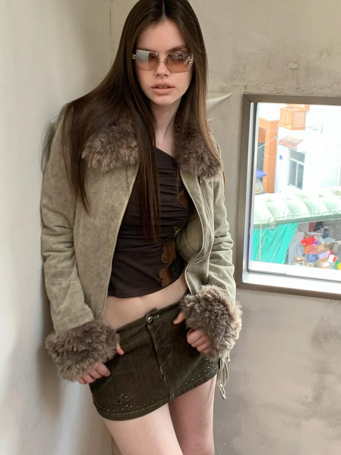 UNIVERSE Washed Corduroy Spliced Shearling Collar Hippie Women's Cotton Casual Jackets