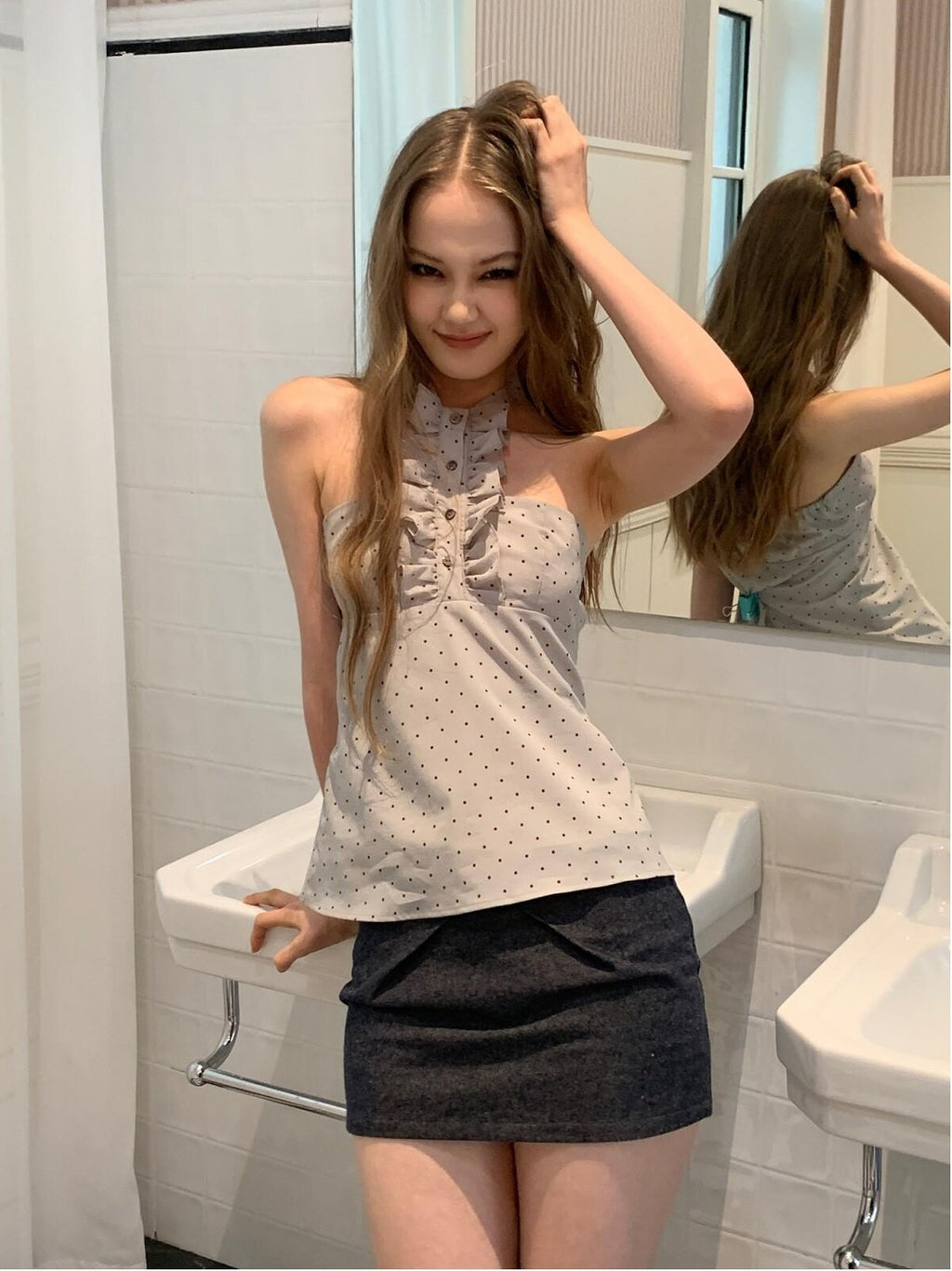 UNIVERSE Washed Denim Bow A Line Low Waist Women's Linen Cotton Mini Skirts