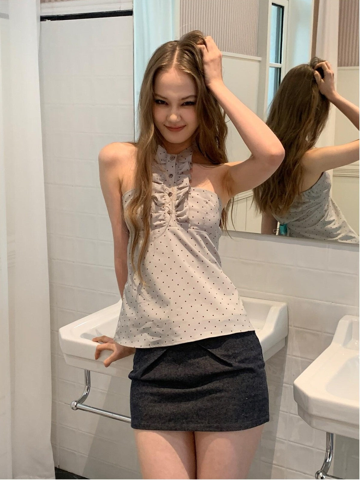 UNIVERSE Washed Denim Bow A Line Low Waist Women's Linen Cotton Mini Skirts