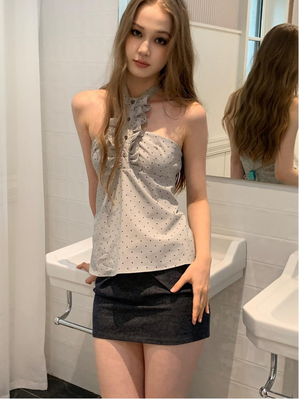 UNIVERSE Washed Denim Bow A Line Low Waist Women's Linen Cotton Mini Skirts