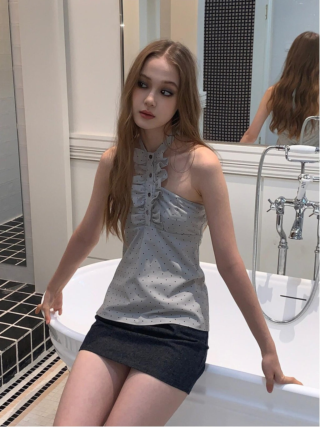 UNIVERSE Washed Denim Bow A Line Low Waist Women's Linen Cotton Mini Skirts