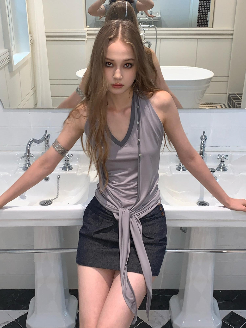 UNIVERSE Washed Denim Bow A Line Low Waist Women's Linen Cotton Mini Skirts