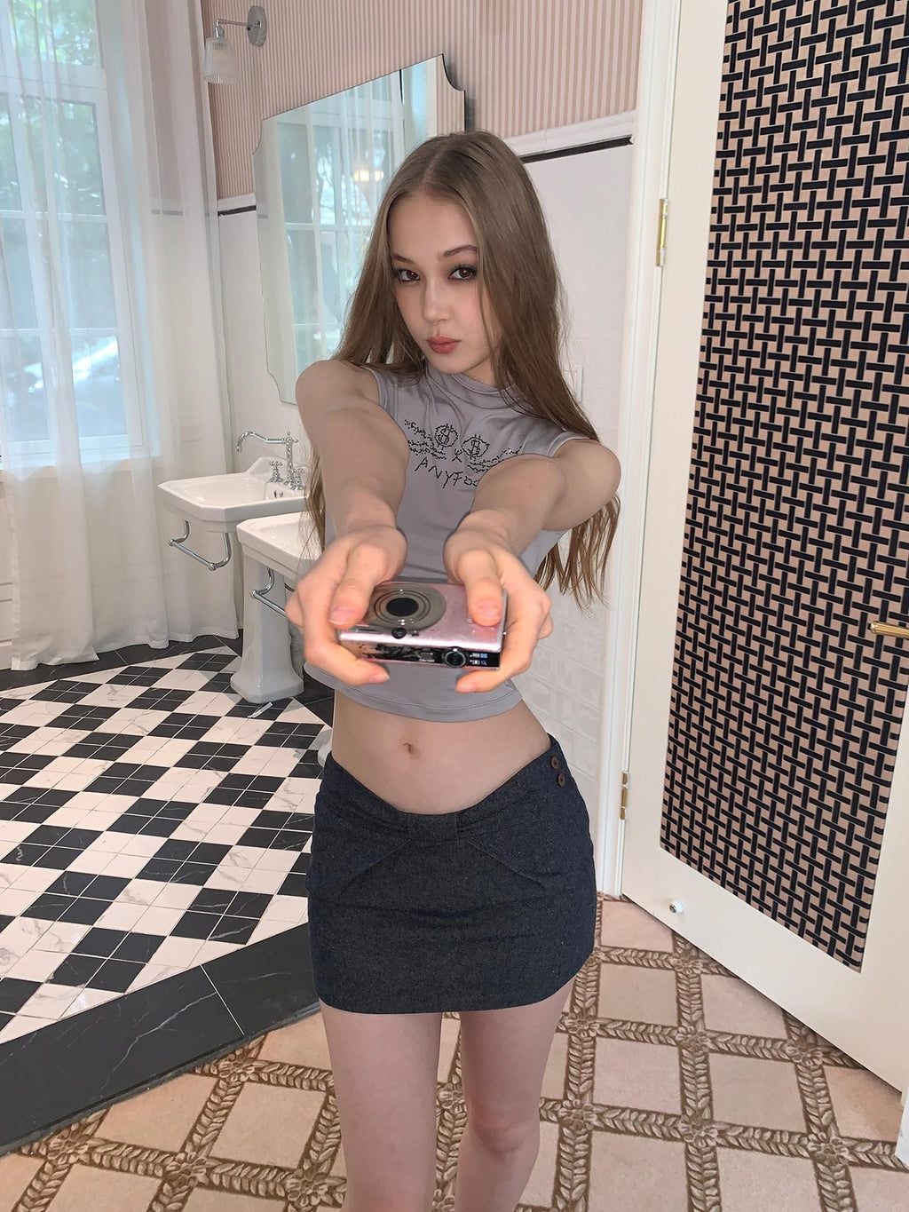 UNIVERSE Washed Denim Bow A Line Low Waist Women's Linen Cotton Mini Skirts