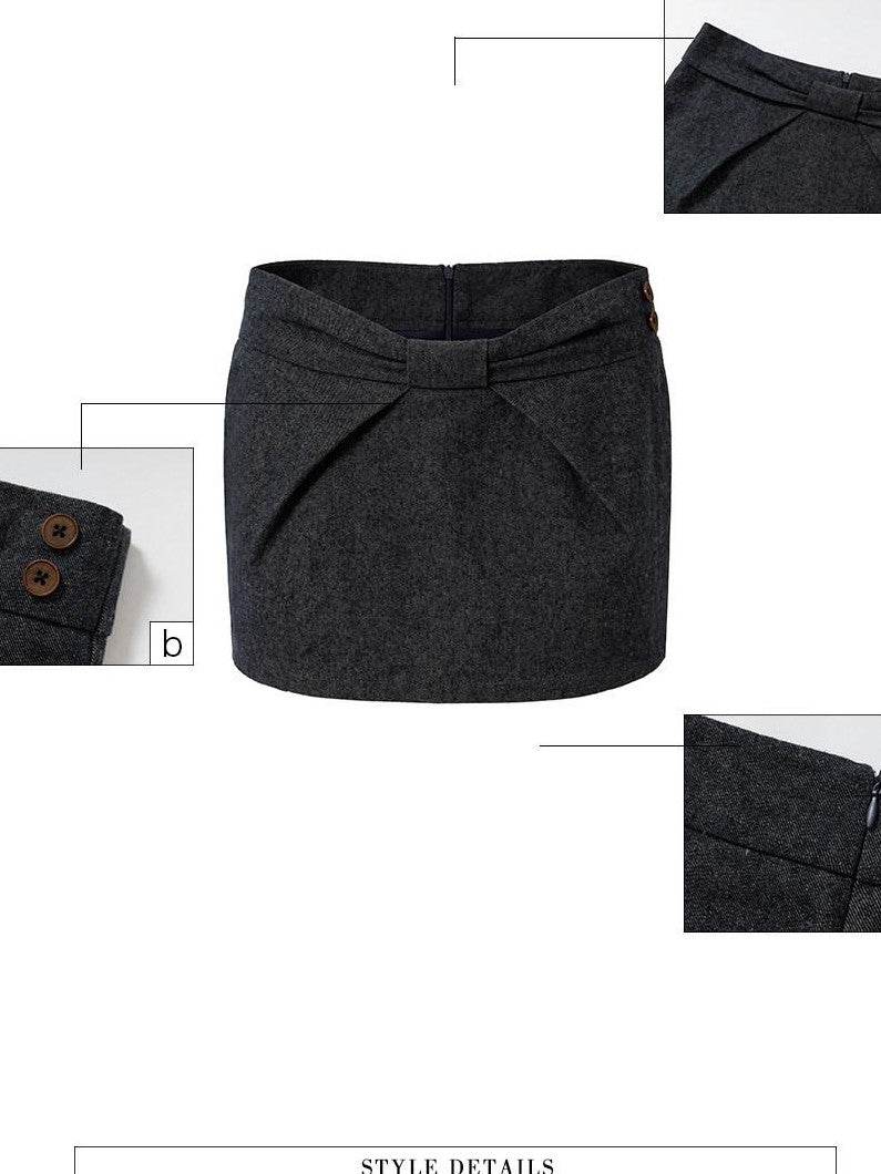 UNIVERSE Washed Denim Bow A Line Low Waist Women's Linen Cotton Mini Skirts
