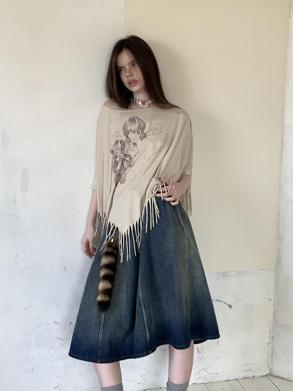 UNIVERSE Washed Denim Flared Tie Waist Vintage Women's Cotton A-line Skirts