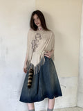 UNIVERSE Washed Denim Flared Tie Waist Vintage Women's Cotton A-line Skirts