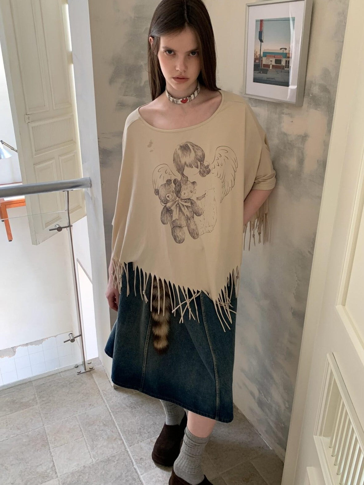 UNIVERSE Washed Denim Flared Tie Waist Vintage Women's Cotton A-line Skirts