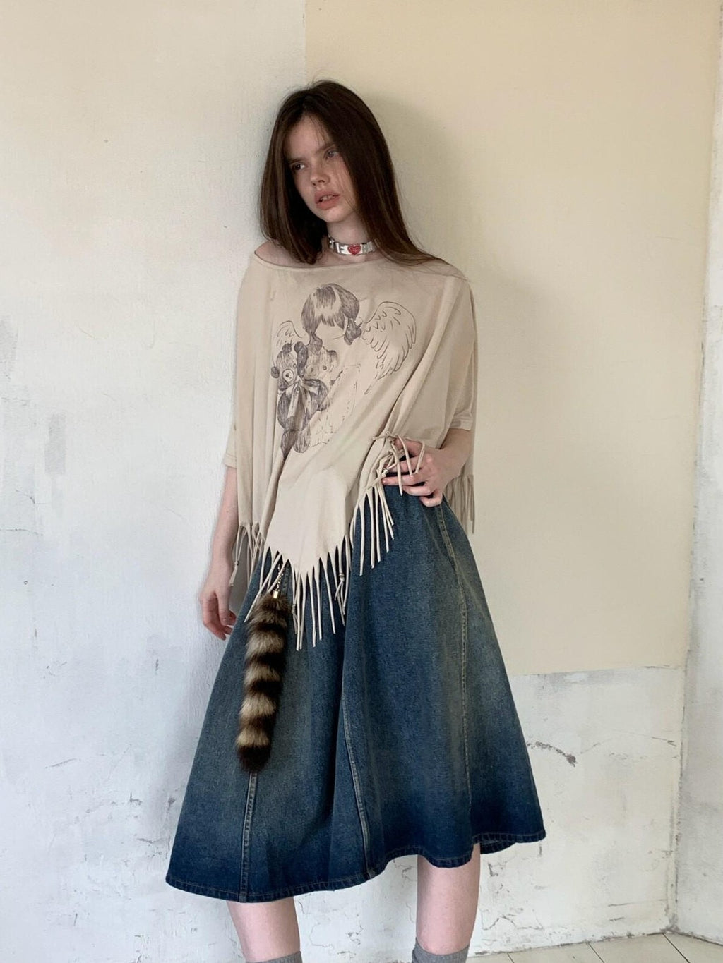 UNIVERSE Washed Denim Flared Tie Waist Vintage Women's Cotton A-line Skirts