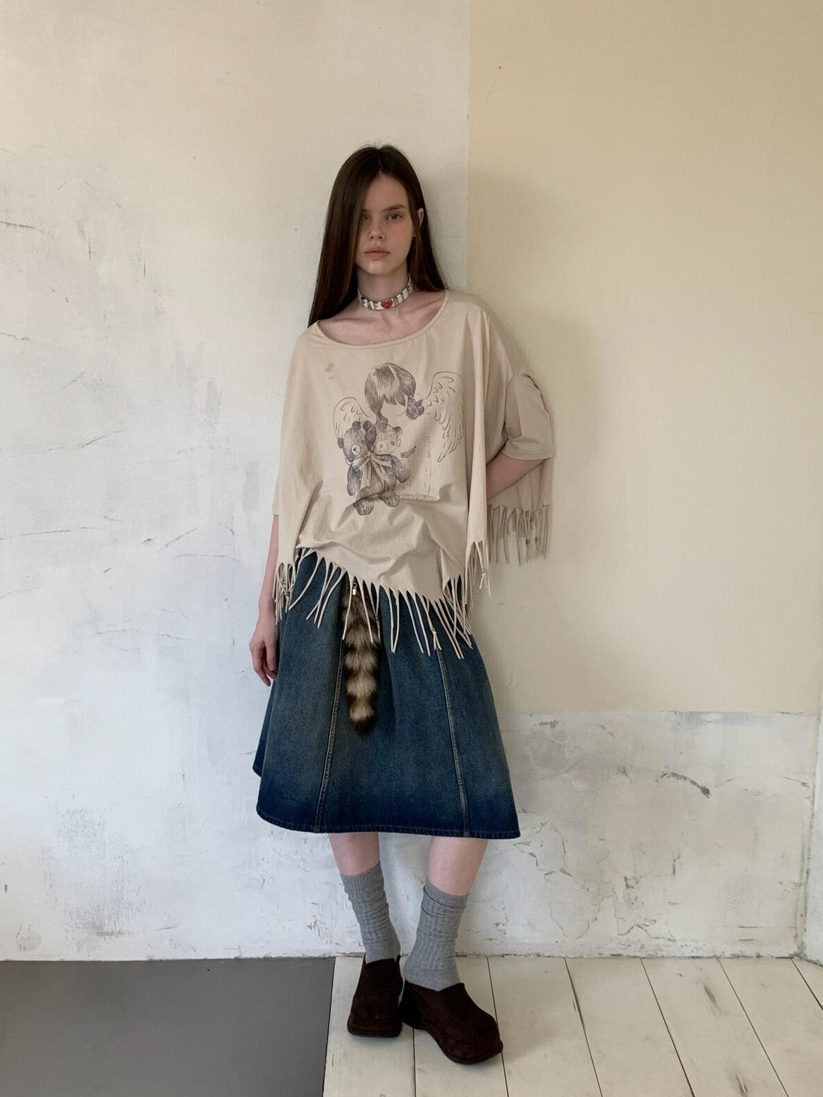 UNIVERSE Washed Denim Flared Tie Waist Vintage Women's Cotton A-line Skirts