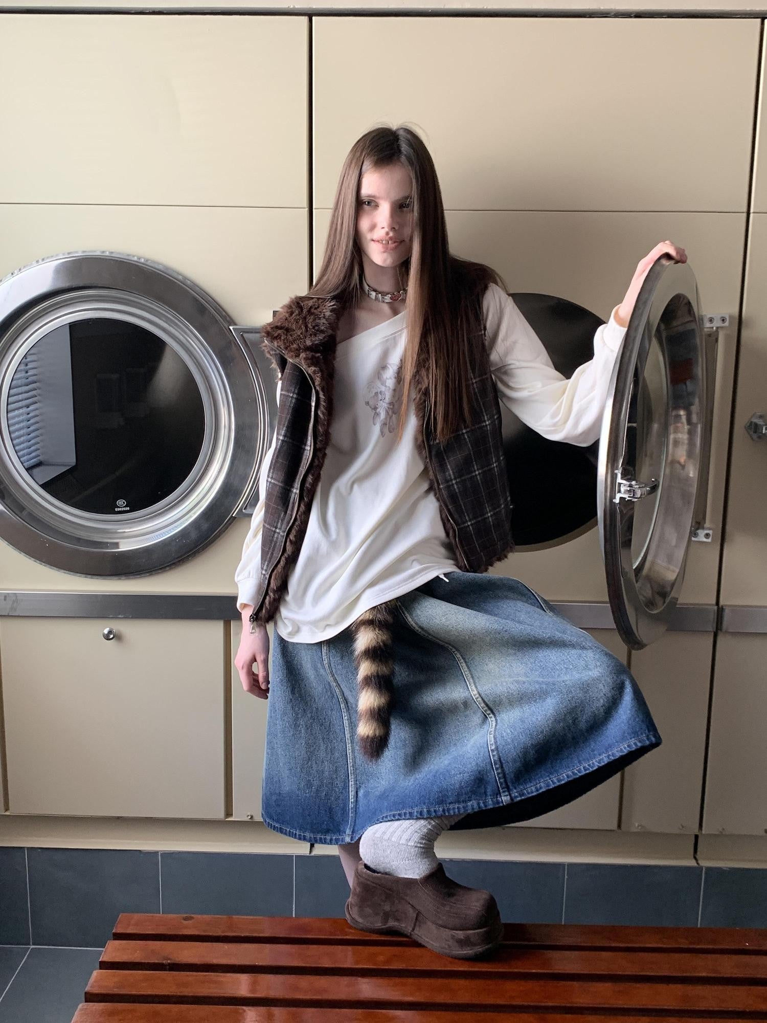 UNIVERSE Washed Denim Flared Tie Waist Vintage Women's Cotton A-line Skirts