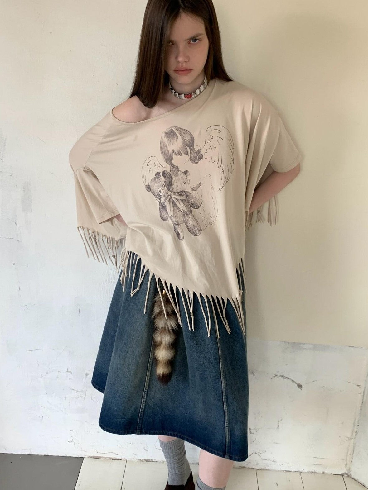 UNIVERSE Washed Denim Flared Tie Waist Vintage Women's Cotton A-line Skirts