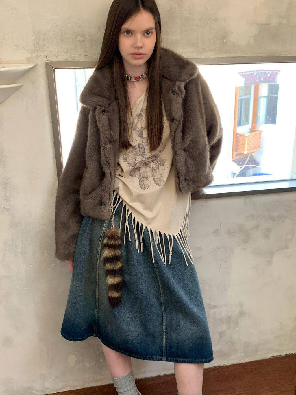 UNIVERSE Washed Denim Flared Tie Waist Vintage Women's Cotton A-line Skirts