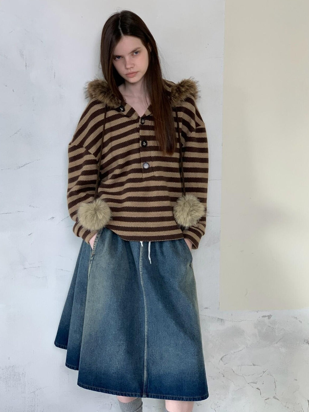 UNIVERSE Washed Denim Flared Tie Waist Vintage Women's Cotton A-line Skirts