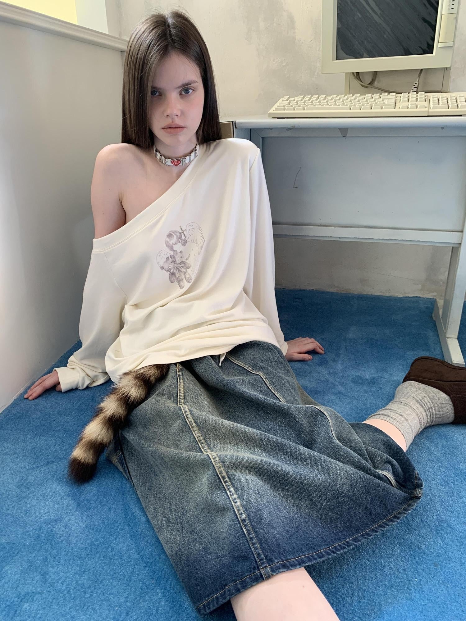 UNIVERSE Washed Denim Flared Tie Waist Vintage Women's Cotton A-line Skirts