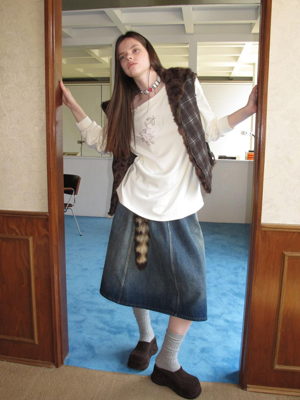 UNIVERSE Washed Denim Flared Tie Waist Vintage Women's Cotton A-line Skirts
