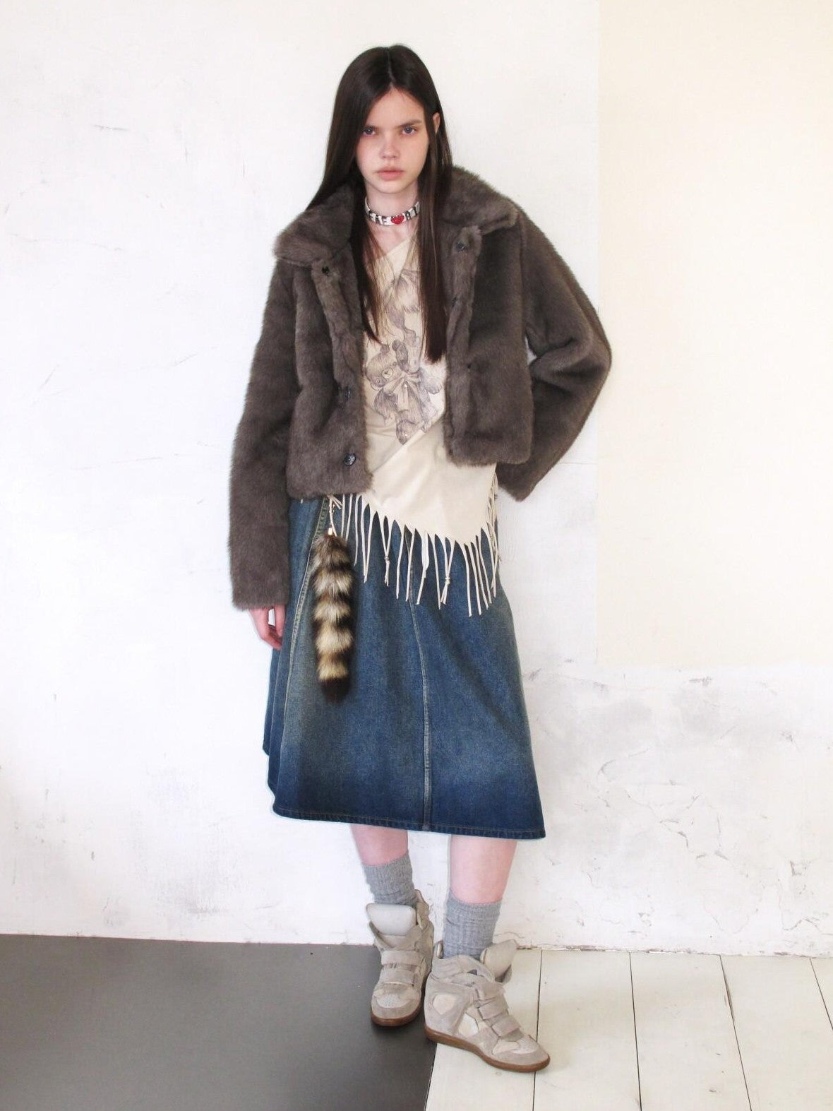 UNIVERSE Washed Denim Flared Tie Waist Vintage Women's Cotton A-line Skirts