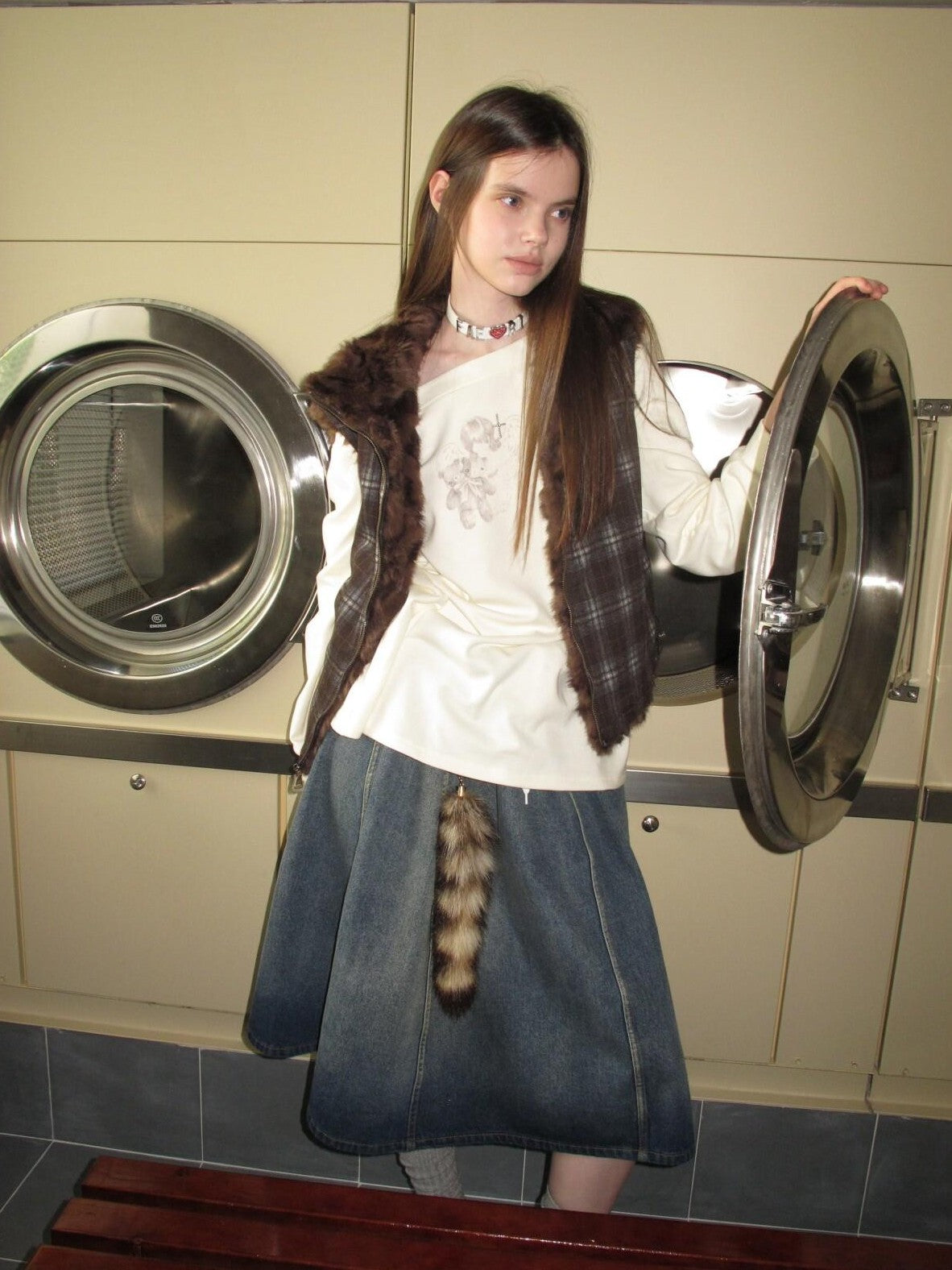 UNIVERSE Washed Denim Flared Tie Waist Vintage Women's Cotton A-line Skirts