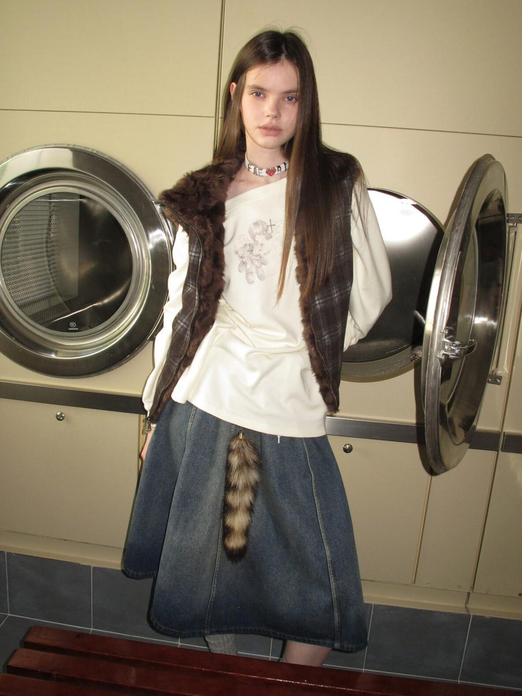 UNIVERSE Washed Denim Flared Tie Waist Vintage Women's Cotton A-line Skirts