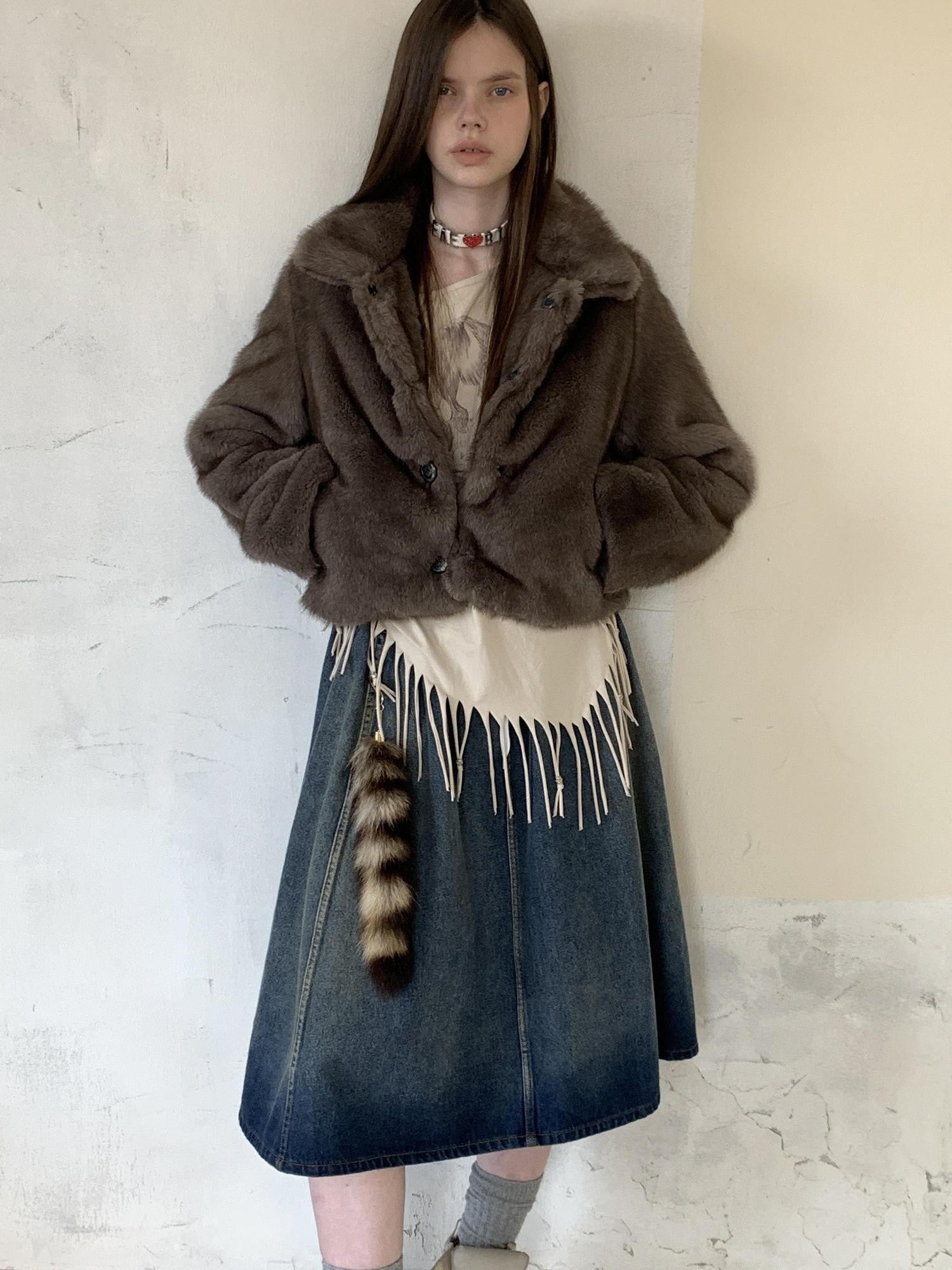 UNIVERSE Washed Denim Flared Tie Waist Vintage Women's Cotton A-line Skirts