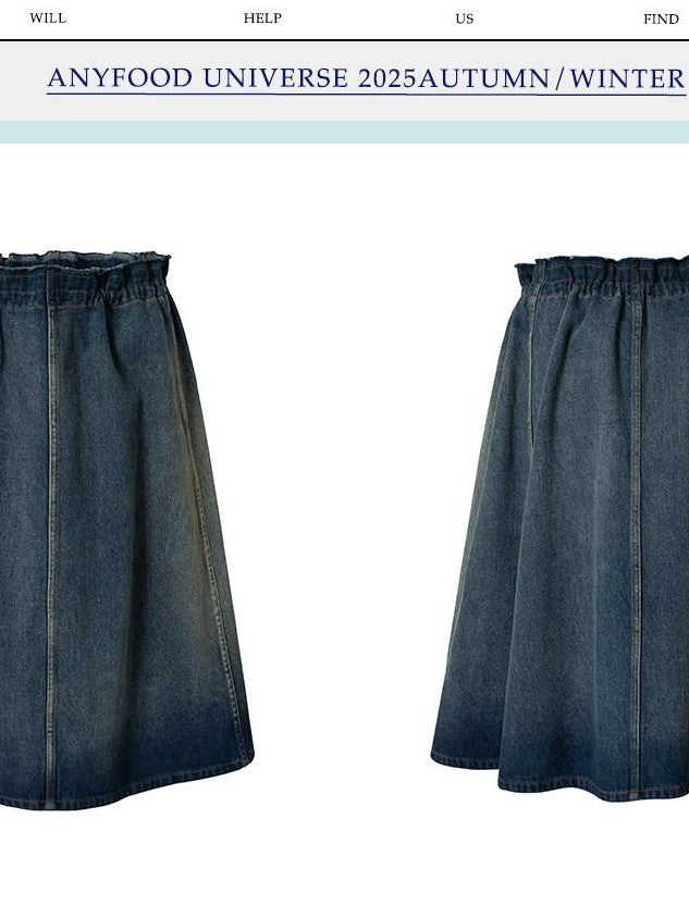 UNIVERSE Washed Denim Flared Tie Waist Vintage Women's Cotton A-line Skirts