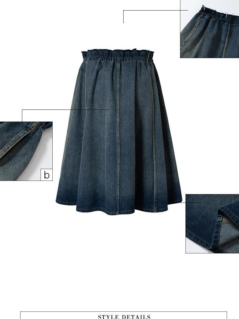 UNIVERSE Washed Denim Flared Tie Waist Vintage Women's Cotton A-line Skirts
