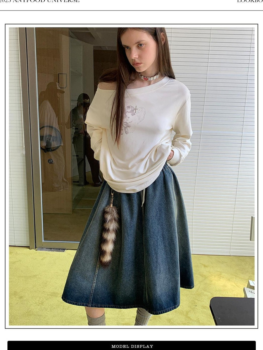 UNIVERSE Washed Denim Flared Tie Waist Vintage Women's Cotton A-line Skirts