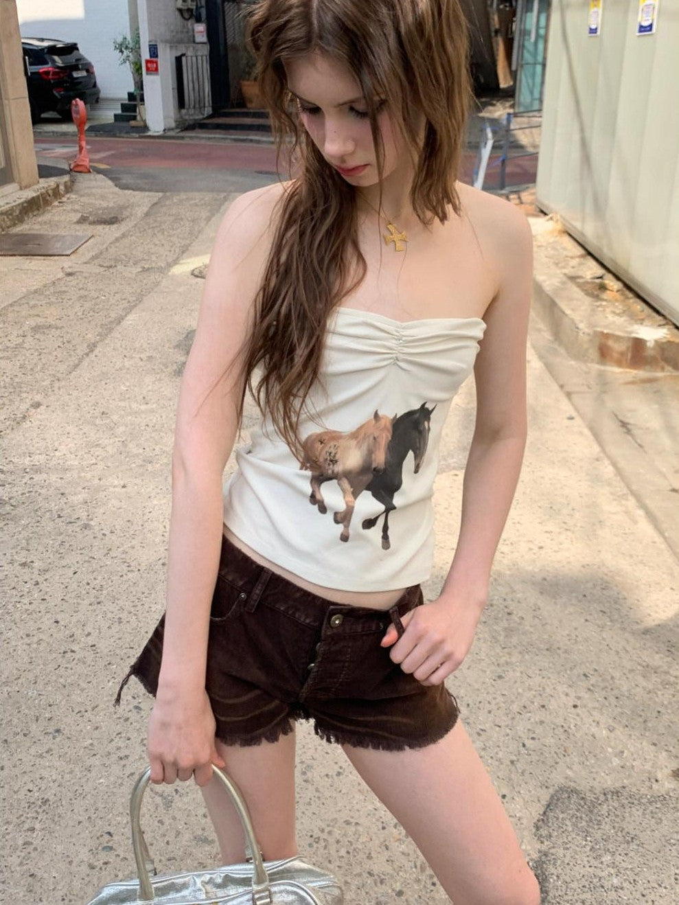 UNIVERSE Washed Green Vintage Slim Elastic Waist Women's Leather Shorts