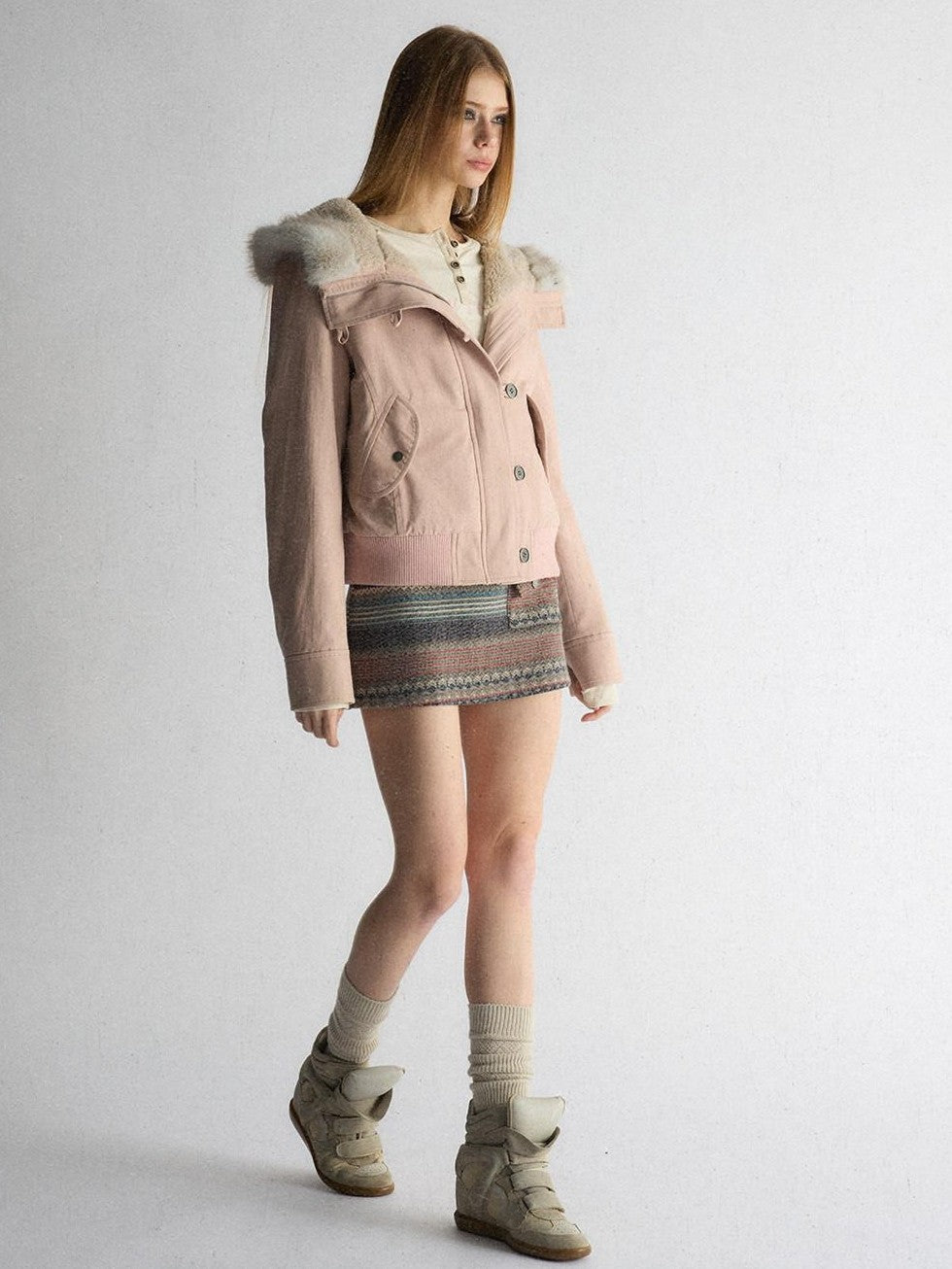 UNIVERSE Washed Hooded Fur Collar Cropped Loose Women's Puffer Jackets