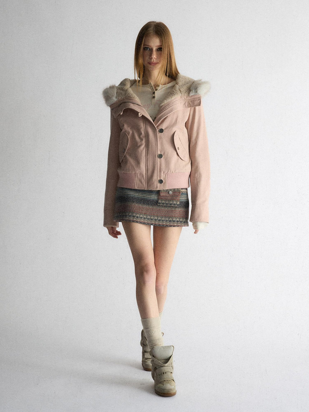 UNIVERSE Washed Hooded Fur Collar Cropped Loose Women's Puffer Jackets
