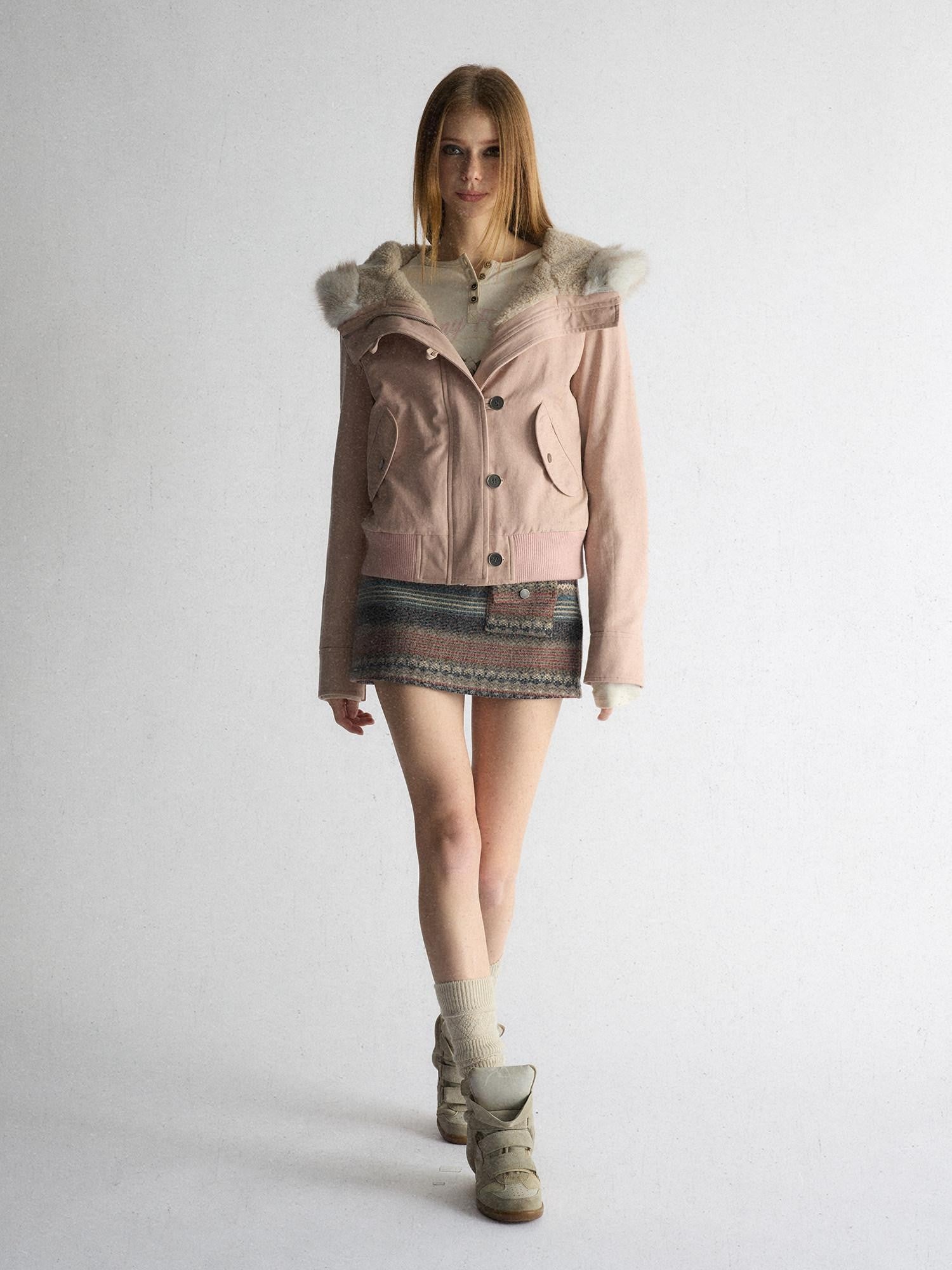 UNIVERSE Washed Hooded Fur Collar Cropped Loose Women's Puffer Jackets
