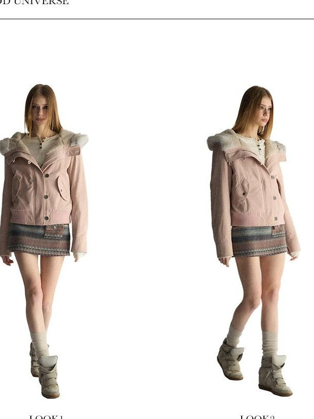 UNIVERSE Washed Hooded Fur Collar Cropped Loose Women's Puffer Jackets