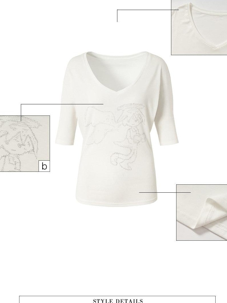 UNIVERSE White Angel Cross Print V-neck Women's Lyocell Off-shoulder T-shirts