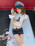 UNIVERSE White Cartoon Polka Dot Print Slim Fit Women's Cotton Blend Crop Tops