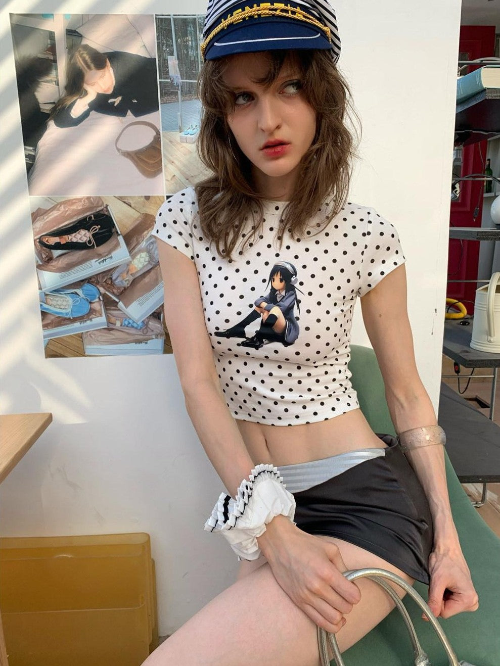 UNIVERSE White Cartoon Polka Dot Print Slim Fit Women's Cotton Blend Crop Tops