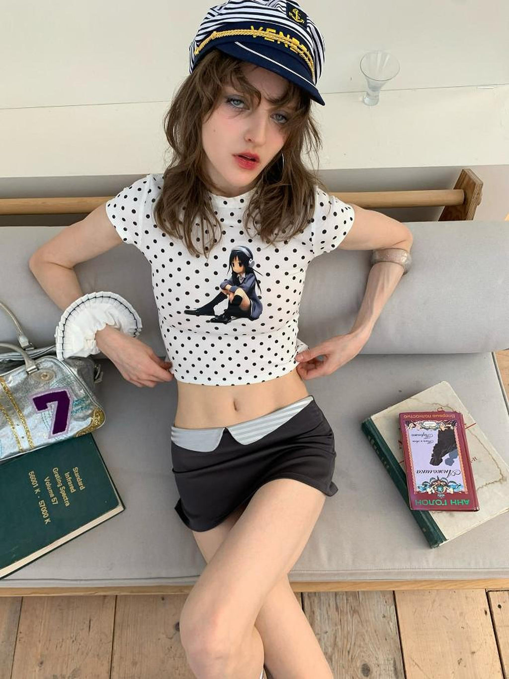 UNIVERSE White Cartoon Polka Dot Print Slim Fit Women's Cotton Blend Crop Tops