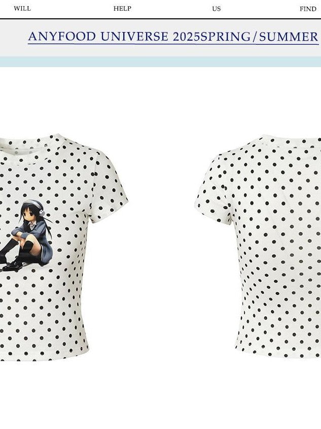 UNIVERSE White Cartoon Polka Dot Print Slim Fit Women's Cotton Blend Crop Tops