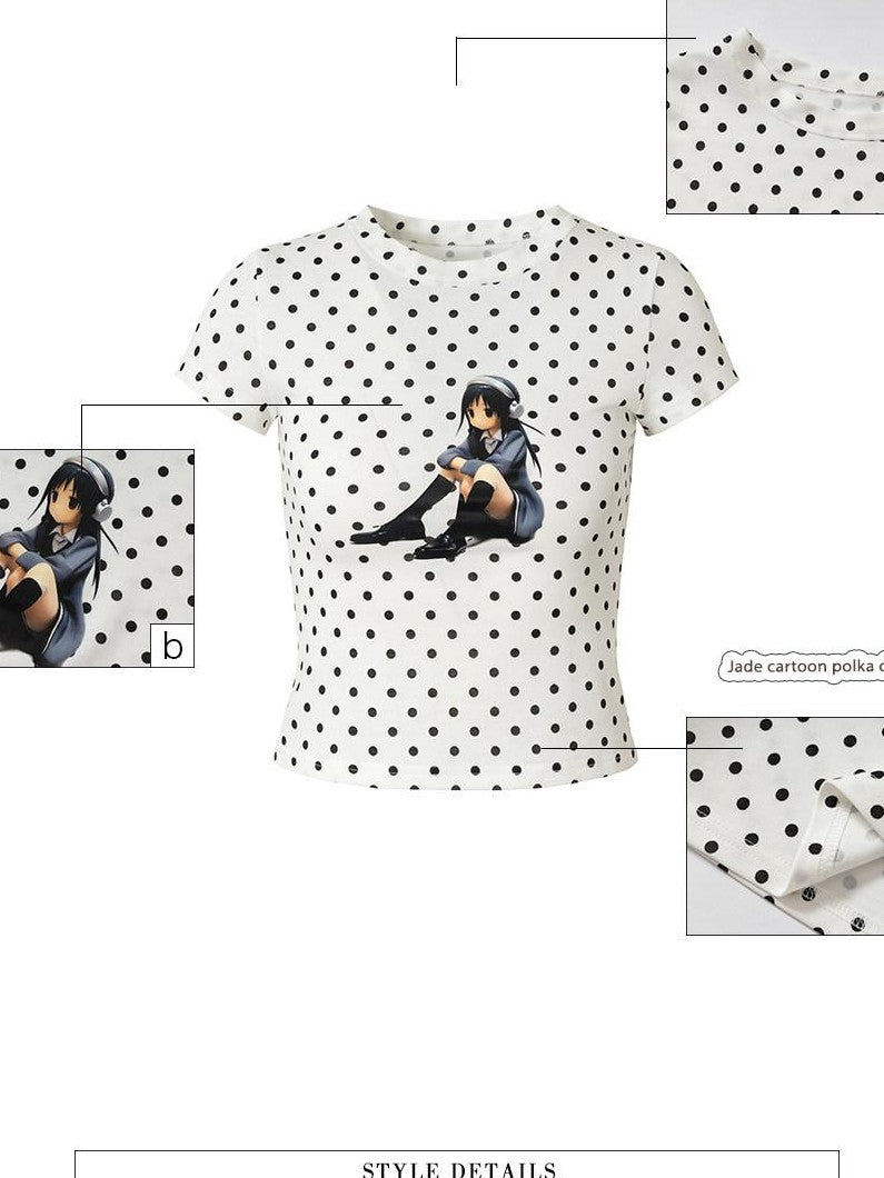 UNIVERSE White Cartoon Polka Dot Print Slim Fit Women's Cotton Blend Crop Tops