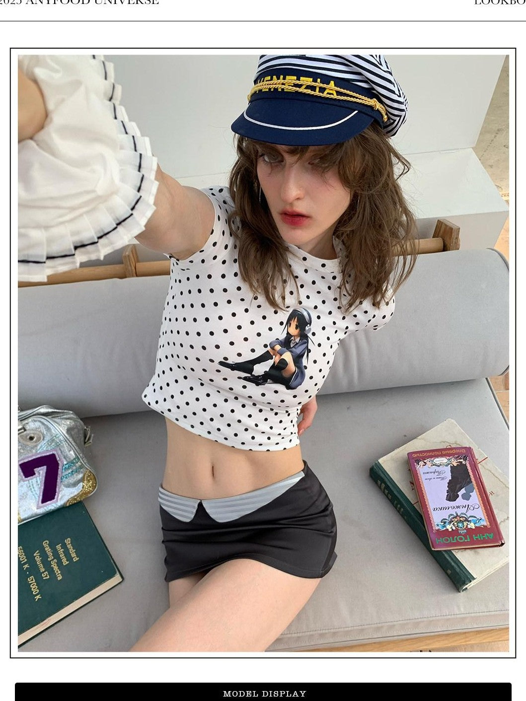 UNIVERSE White Cartoon Polka Dot Print Slim Fit Women's Cotton Blend Crop Tops