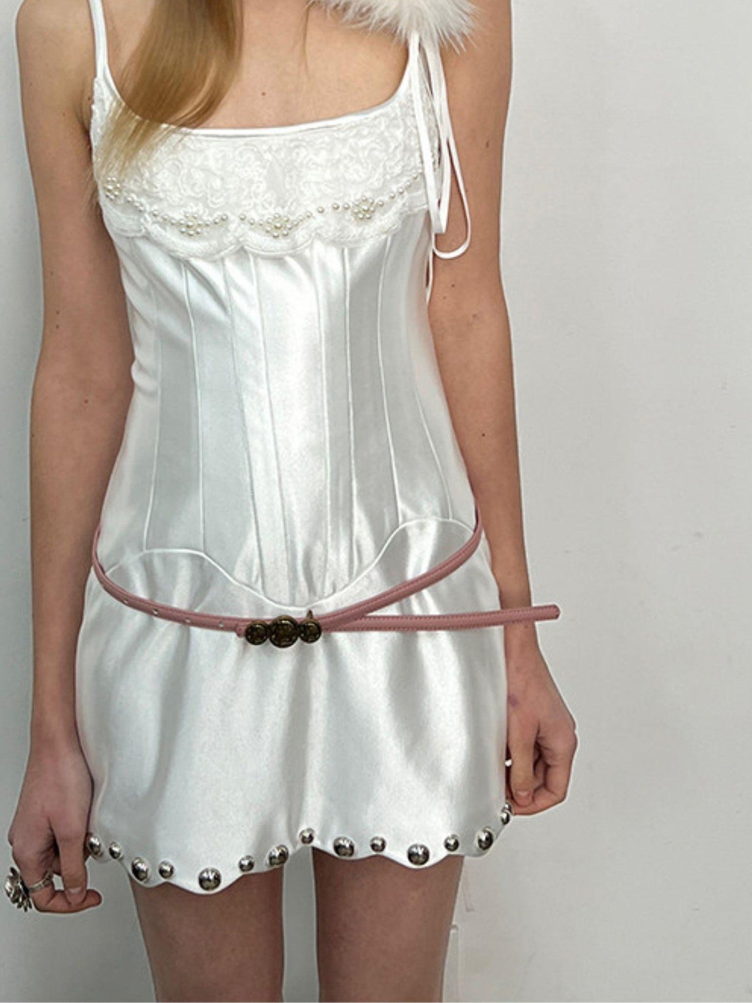 UNIVERSE White Lace Satin Spaghetti Strap A Line Women's Polyester Slip Mini Dresses