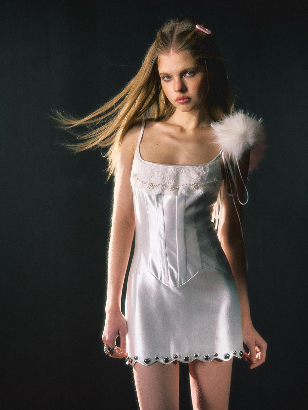 UNIVERSE White Lace Satin Spaghetti Strap A Line Women's Polyester Slip Mini Dresses