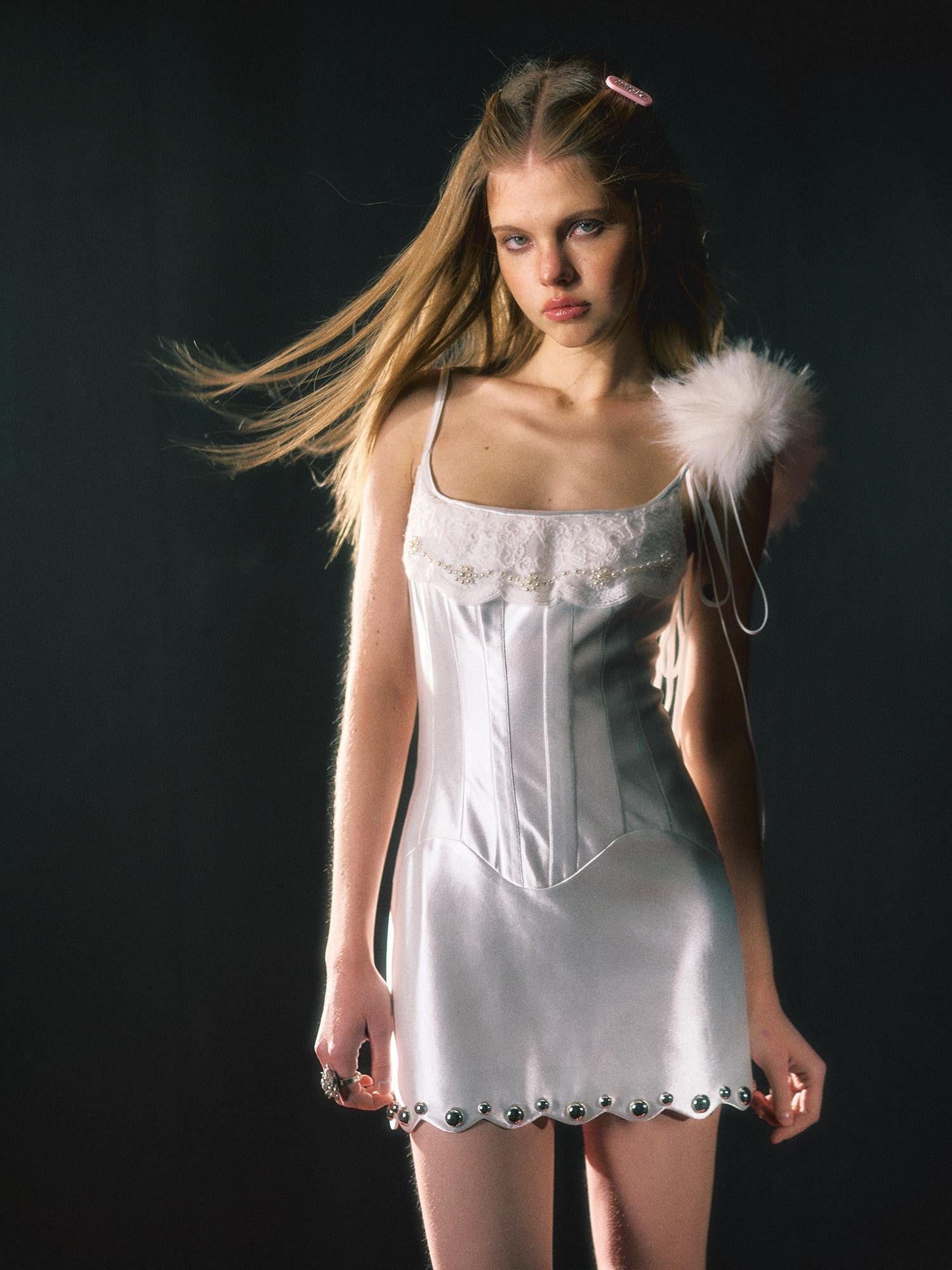UNIVERSE White Lace Satin Spaghetti Strap A Line Women's Polyester Slip Mini Dresses