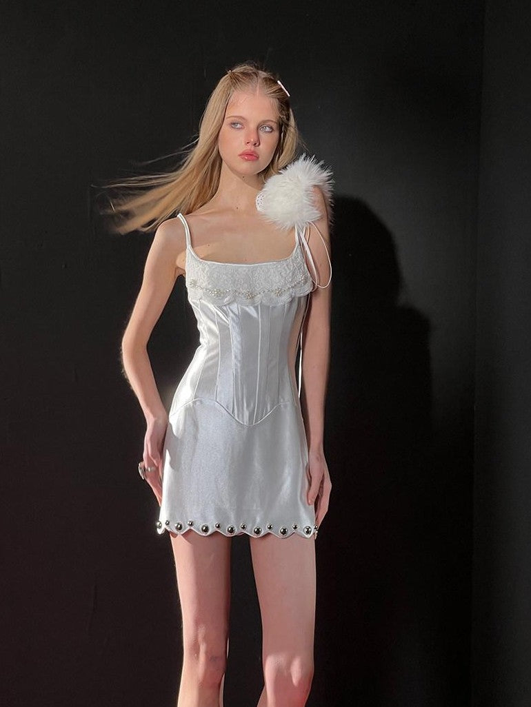 UNIVERSE White Lace Satin Spaghetti Strap A Line Women's Polyester Slip Mini Dresses