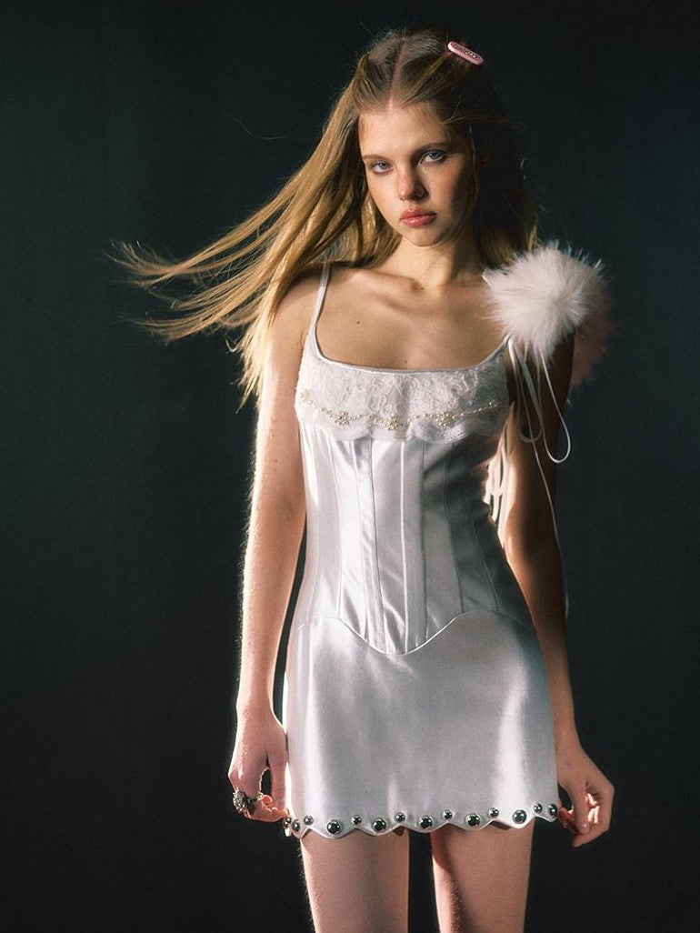 UNIVERSE White Lace Satin Spaghetti Strap A Line Women's Polyester Slip Mini Dresses