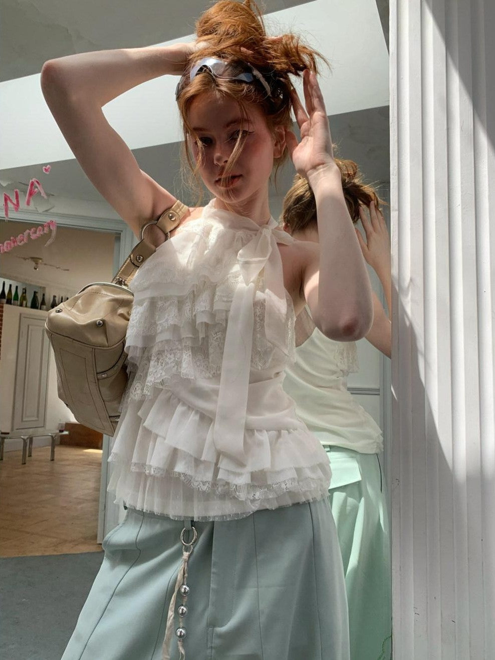 UNIVERSE White Romantic Layered Lace Women's Polyester Blend Halter Tops